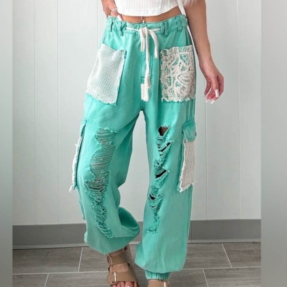 POL Mint Green Distressed Patchwork Jogger Pants - Picture 6 of 7